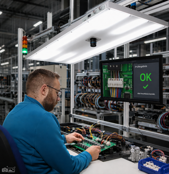 Mitarbeiter an einem KI-gestützten Montagearbeitsplatz mit integrierter LED-Beleuchtung